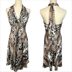 VTG Y2K Ignite Evenings Carol Lin Animal Print Cheetah Beaded Halter Dress Sz 16